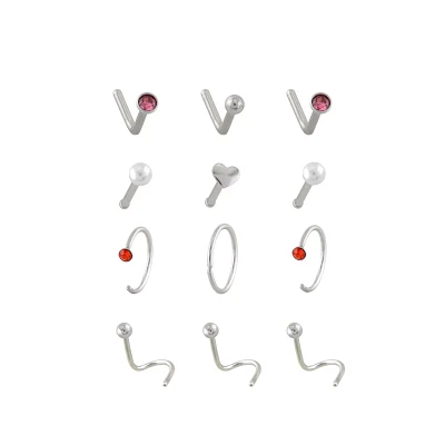 Multi-Pack CZ Red Heart Nose Pins L-Bend Hoop and Half Hoop and Screw Nose Rings 12 Pack - 20 Gauge