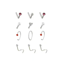 Multi-Pack CZ Red Heart Nose Pins L-Bend Hoop and Half Hoop and Screw Nose Rings 12 Pack - 20 Gauge