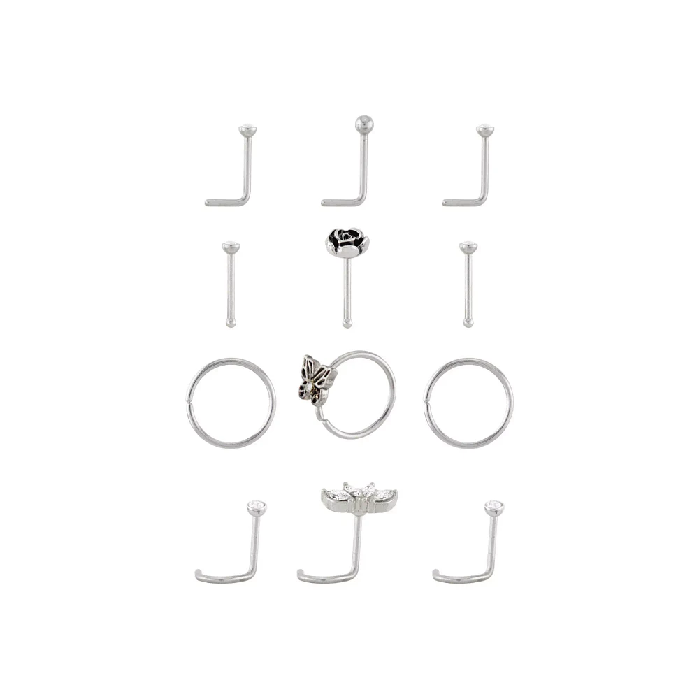 Multi-Pack CZ Butterfly Rose Silvertone Nose Pins L-Bend Hoop and Half Hoop and Screw Nose Rings 12 Pack - 20 Gauge