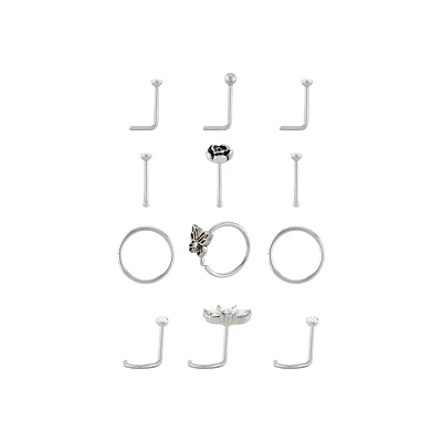 Multi-Pack CZ Butterfly Rose Silvertone Nose Pins L-Bend Hoop and Half Hoop and Screw Nose Rings 12 Pack - 20 Gauge