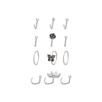 Multi-Pack CZ Butterfly Rose Silvertone Nose Pins L-Bend Hoop and Half Hoop and Screw Nose Rings 12 Pack - 20 Gauge