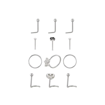 Multi-Pack CZ Flower Heart Silvertone Nose Pins L-Bend Hoop and Half Hoop and Screw Nose Rings 12 Pack - 20 Gauge
