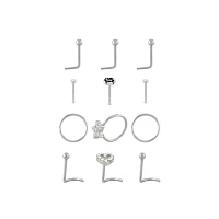 Multi-Pack CZ Flower Heart Silvertone Nose Pins L-Bend Hoop and Half Hoop and Screw Nose Rings 12 Pack - 20 Gauge