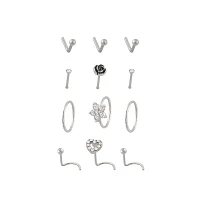 Multi-Pack CZ Flower Heart Silvertone Nose Pins L-Bend Hoop and Half Hoop and Screw Nose Rings 12 Pack - 20 Gauge