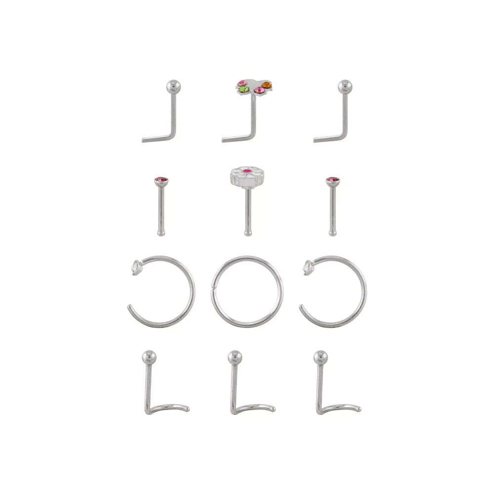 Multi-Pack CZ Butterfly Nose Pins L-Bend Hoop and Half Hoop and Screw Nose Rings 12 Pack - 20 Gauge