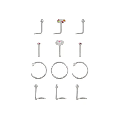 Multi-Pack CZ Butterfly Nose Pins L-Bend Hoop and Half Hoop and Screw Nose Rings 12 Pack - 20 Gauge
