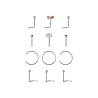 Multi-Pack CZ Butterfly Nose Pins L-Bend Hoop and Half Hoop and Screw Nose Rings 12 Pack - 20 Gauge