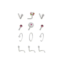 Multi-Pack CZ Butterfly Nose Pins L-Bend Hoop and Half Hoop and Screw Nose Rings 12 Pack - 20 Gauge