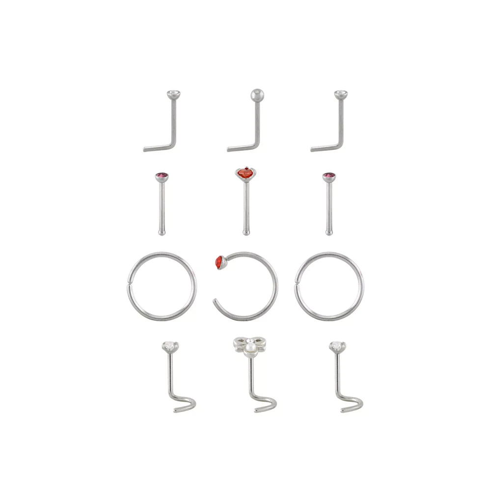 Multi-Pack CZ Bow Nose Pins and L-Bend Hoop and Screw Nose Rings 12 Gauge - 20 Gauge
