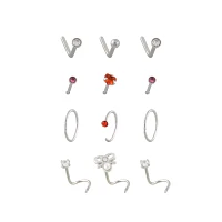 Multi-Pack CZ Bow Nose Pins and L-Bend Hoop and Screw Nose Rings 12 Gauge - 20 Gauge