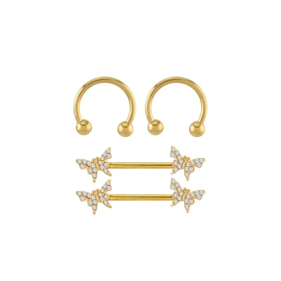 Multi-Pack Goldtone CZ Butterfly Horseshoe Rings and Nipple Barbells 2 Pair - 14 Gauge