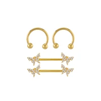 Multi-Pack Goldtone CZ Butterfly Horseshoe Rings and Nipple Barbells 2 Pair - 14 Gauge