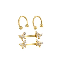 Multi-Pack Goldtone CZ Butterfly Horseshoe Rings and Nipple Barbells 2 Pair - 14 Gauge