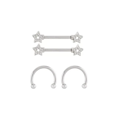 Multi-Pack Silvertone CZ Star Horseshoe Rings and Nipple Barbells 14 Gauge - 2 Pair