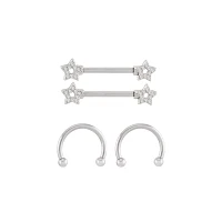 Multi-Pack Silvertone CZ Star Horseshoe Rings and Nipple Barbells 14 Gauge - 2 Pair