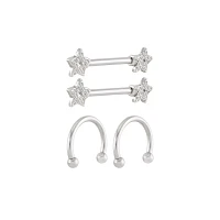 Multi-Pack Silvertone CZ Star Horseshoe Rings and Nipple Barbells 14 Gauge - 2 Pair