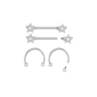 Multi-Pack Silvertone CZ Star Horseshoe Rings and Nipple Barbells 14 Gauge - 2 Pair