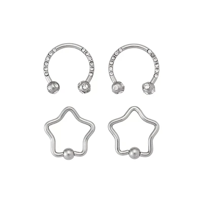 Multi-Pack CZ Star Captive Hoop and Horseshoe Rings 4 Pack - 16 Gauge