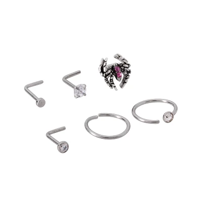 Multi-Pack CZ Titanium Spider L-Bend Nose Rings and Hoop Nose Rings 6 Pack - 20 Gauge