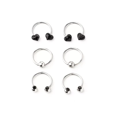 Multi-Pack Black Hearts Captive Rings and Horseshoe Rings 6 Pack - 16 Gauge