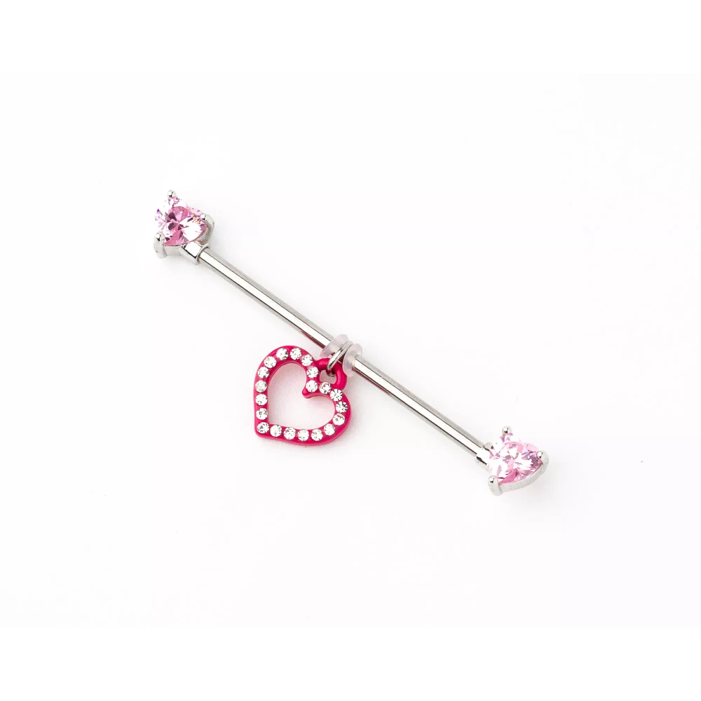 Pink Heart Industrial Barbell - 14 Gauge