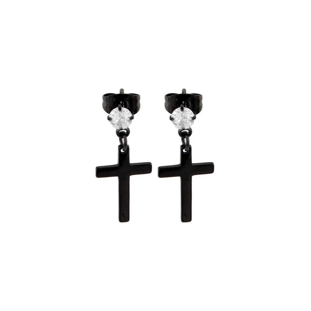 Round CZ Black Cross Titanium Dangle Stud Earrings - 20 Gauge