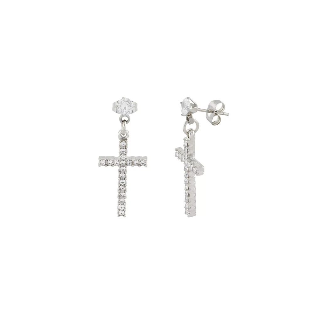 Silvertone CZ Titanium Cross Dangle Earrings