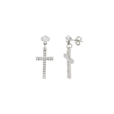 Silvertone CZ Titanium Cross Dangle Earrings