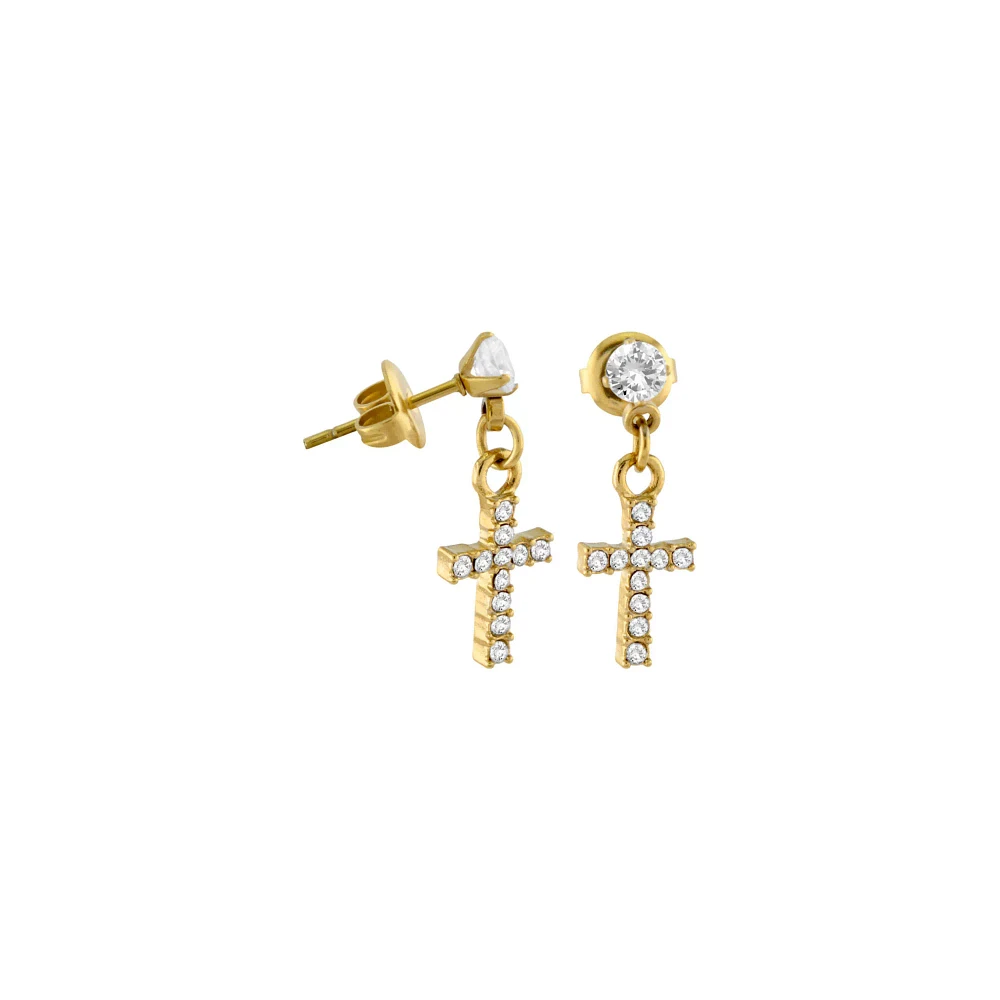 CZ Cross Goldtone Titanium Dangle Stud Earrings - 20 Gauge