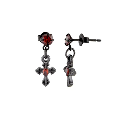 Black and Red CZ Titanium Antique Cross Dangle Earrings