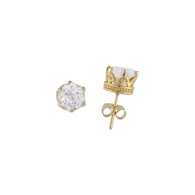 Round Goldtone CZ Crown Setting Stud Earrings