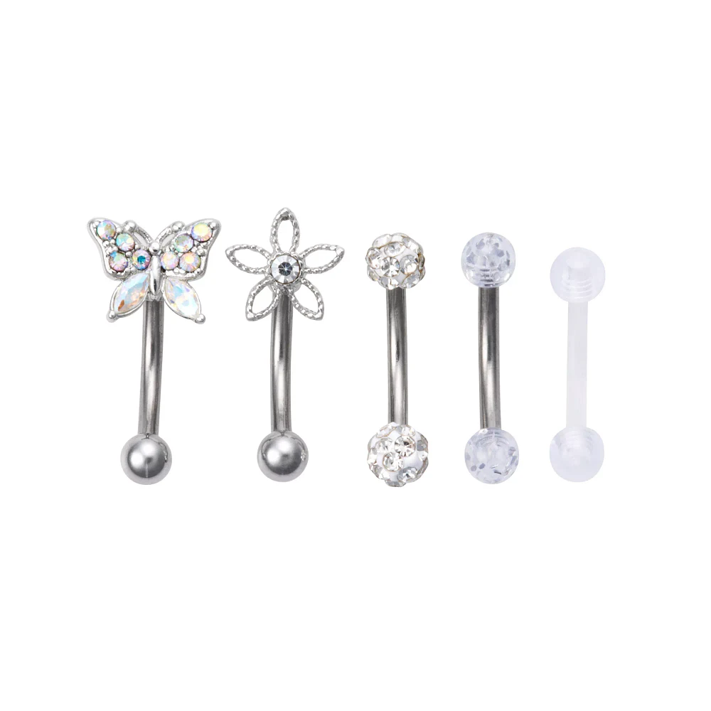 Multi-Pack Aurora Borealis Effect Butterfly and Flower Curved Barbell 5 Pack - 16 Gauge