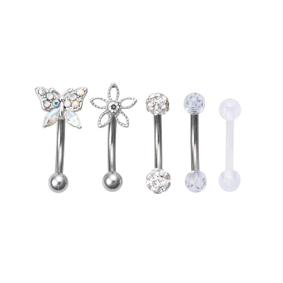 Multi-Pack Aurora Borealis Effect Butterfly and Flower Curved Barbell 5 Pack - 16 Gauge