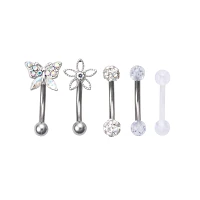 Multi-Pack Aurora Borealis Effect Butterfly and Flower Curved Barbell 5 Pack - 16 Gauge