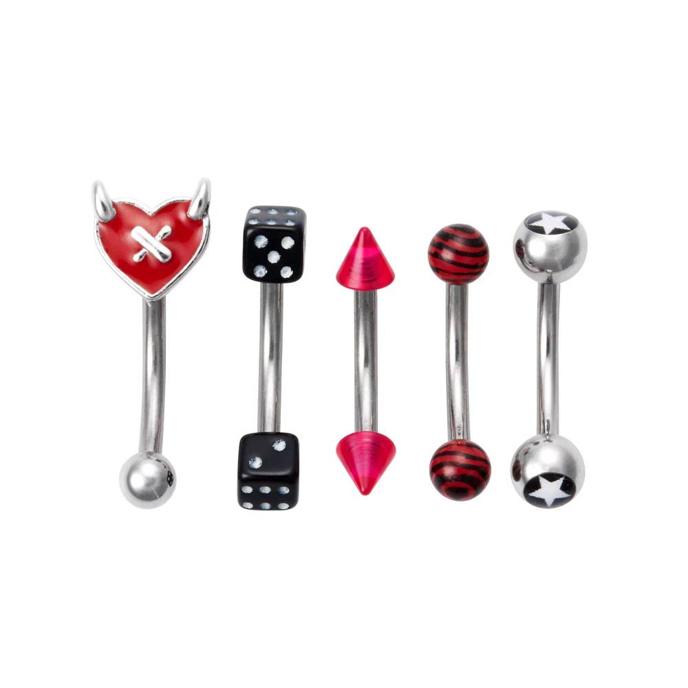 Multi-Pack Dice and Horned Heart Curved Barbells 5 Pack - 16 Gauge