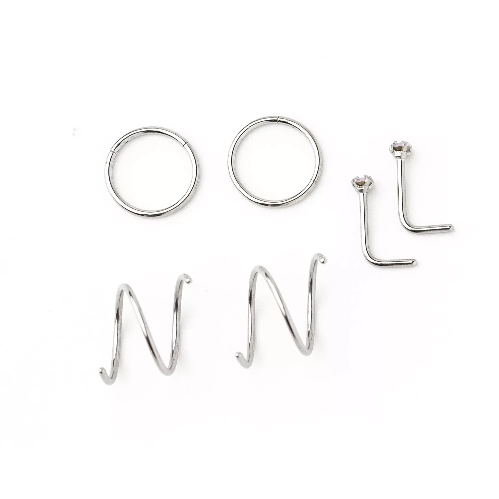 Multi-Pack CZ Pink L-Bend and Spiral Hoop Nose Rings 6 Pack - 20 Gauge