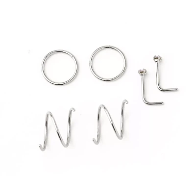 Multi-Pack CZ Pink L-Bend and Spiral Hoop Nose Rings 6 Pack - 20 Gauge