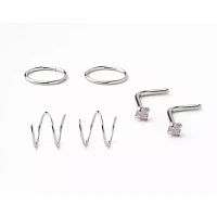 Multi-Pack CZ Pink L-Bend and Spiral Hoop Nose Rings 6 Pack - 20 Gauge