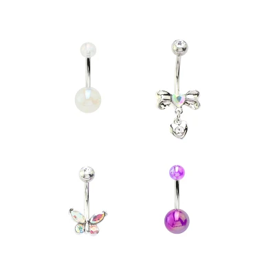 Multi-Pack CZ Butterfly Pearl and Bow Belly Rings 4 Pack - 14 Gauge