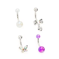 Multi-Pack CZ Butterfly Pearl and Bow Belly Rings 4 Pack - 14 Gauge