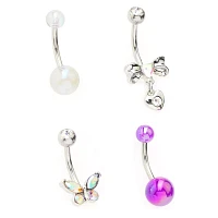 Multi-Pack CZ Butterfly Pearl and Bow Belly Rings 4 Pack - 14 Gauge