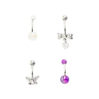Multi-Pack CZ Butterfly Pearl and Bow Belly Rings 4 Pack - 14 Gauge