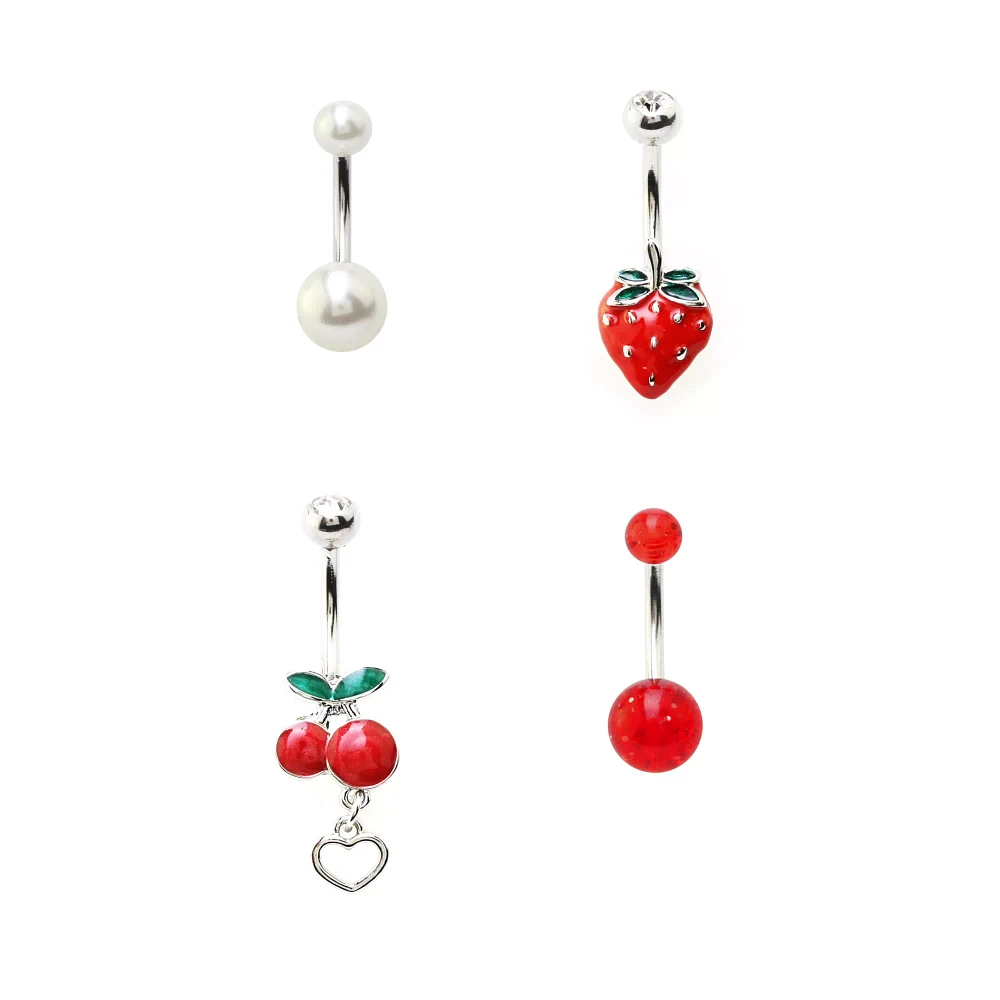 Multi-Pack CZ Dangle Fruit Belly Ring 4 Pack - 14 Gauge