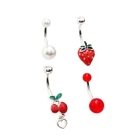 Multi-Pack CZ Dangle Fruit Belly Ring 4 Pack - 14 Gauge