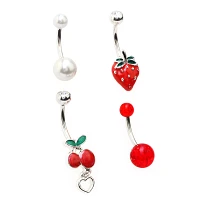 Multi-Pack CZ Dangle Fruit Belly Ring 4 Pack - 14 Gauge