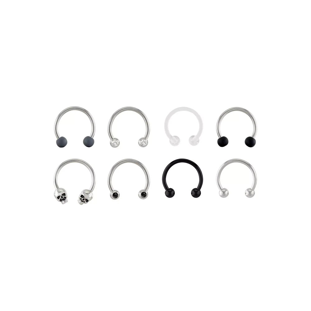 Multi-Pack Black CZ Skull Horseshoe Rings 8 Pack - 16 Gauge