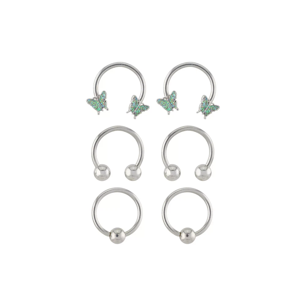 Multi-Pack Glitter Effect Butterfly Horseshoe and Captive Rings 6 Pack - 16 Gauge