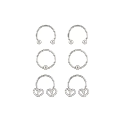 Multi-Pack CZ Silvertone Heart Horseshoe and Captive Bead Rings 3 Pair - 16 Gauge