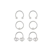 Multi-Pack CZ Silvertone Heart Horseshoe and Captive Bead Rings 3 Pair - 16 Gauge