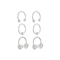 Multi-Pack CZ Silvertone Heart Horseshoe and Captive Bead Rings 3 Pair - 16 Gauge